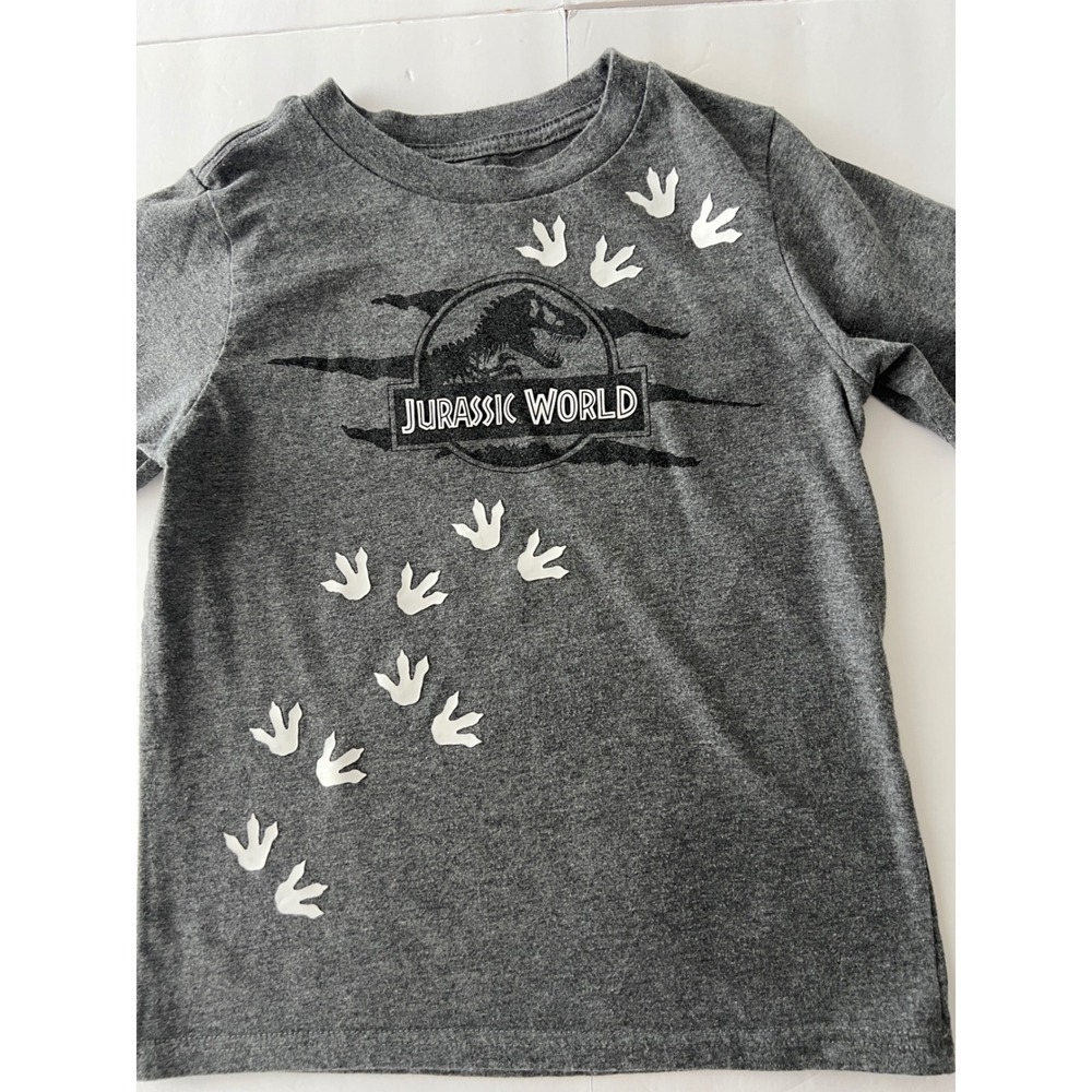 Jurassic World Boys Grey Graphic T-Shirt Dinosaur Footprints Size 7
